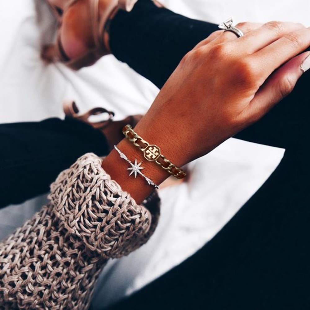 TORY BURCH • Rust Brown Woven Leather Marion Chain Cuff Bracelet - Picture 3 of 6
